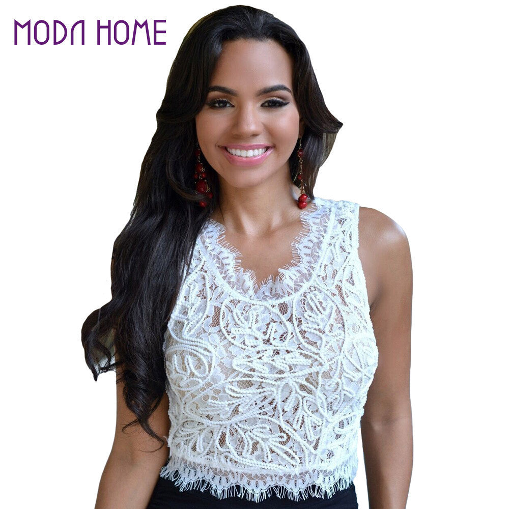 sexy women crop top vest crochet lace embroidery hollow out sleeveless cropped short tank top bralette blusa black white J4U66