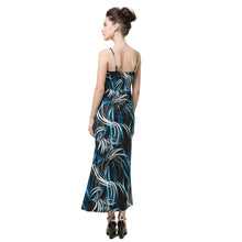 sexy women elegant dress contrast print v neck spaghetti strap light pad beach maxi dress vestidos blue J4U66