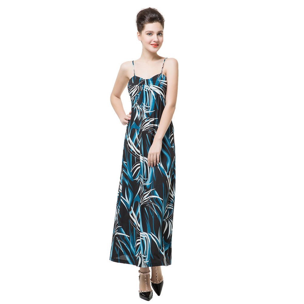 sexy women elegant dress contrast print v neck spaghetti strap light pad beach maxi dress vestidos blue J4U66