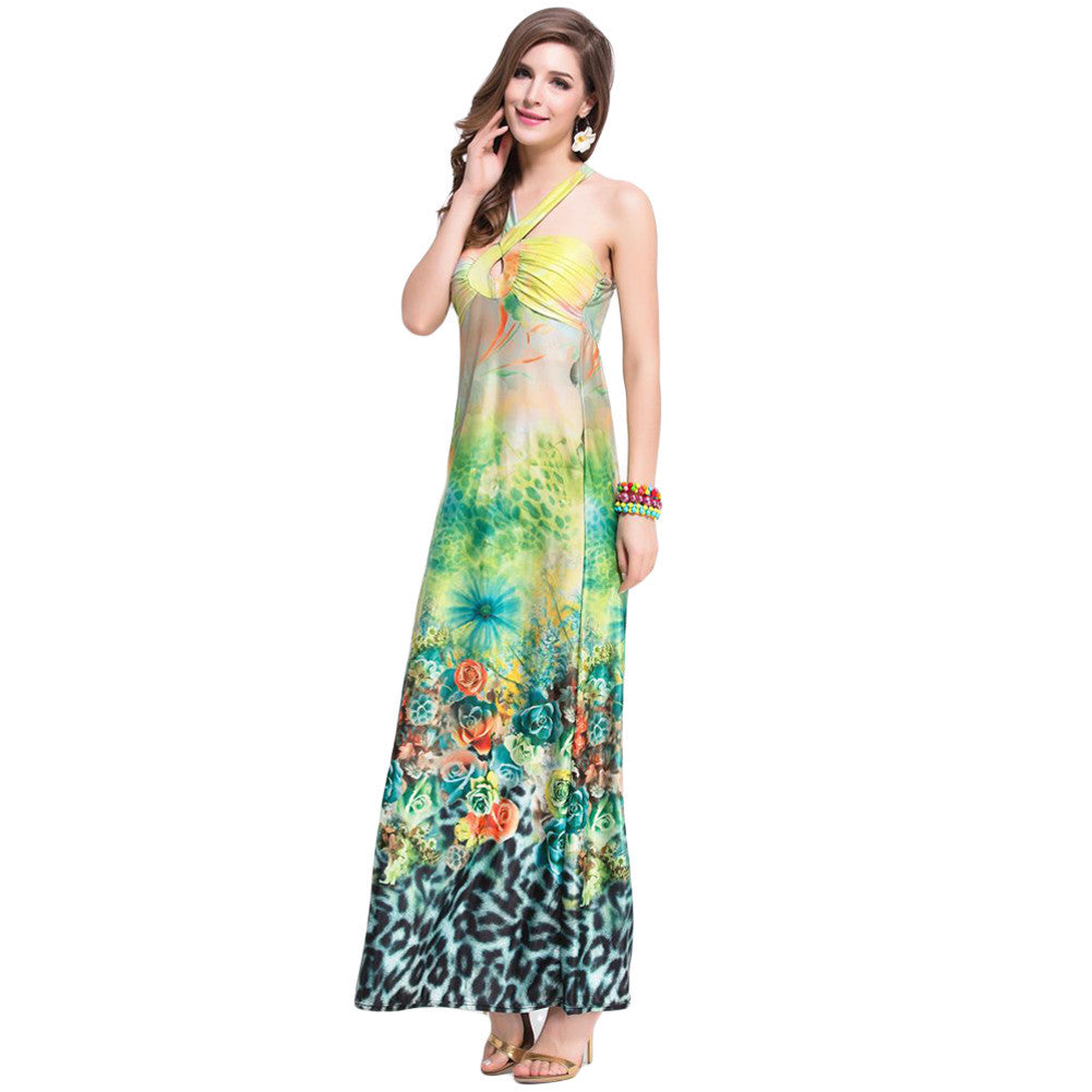 sexy women long dress floral print round neck sleeveless ankle length maxi dress vestidos femininos J4U66