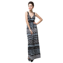 sexy women long maxi dress geometric print deep v neck boho dress backless elegant bohemian party beach dress black J4U66