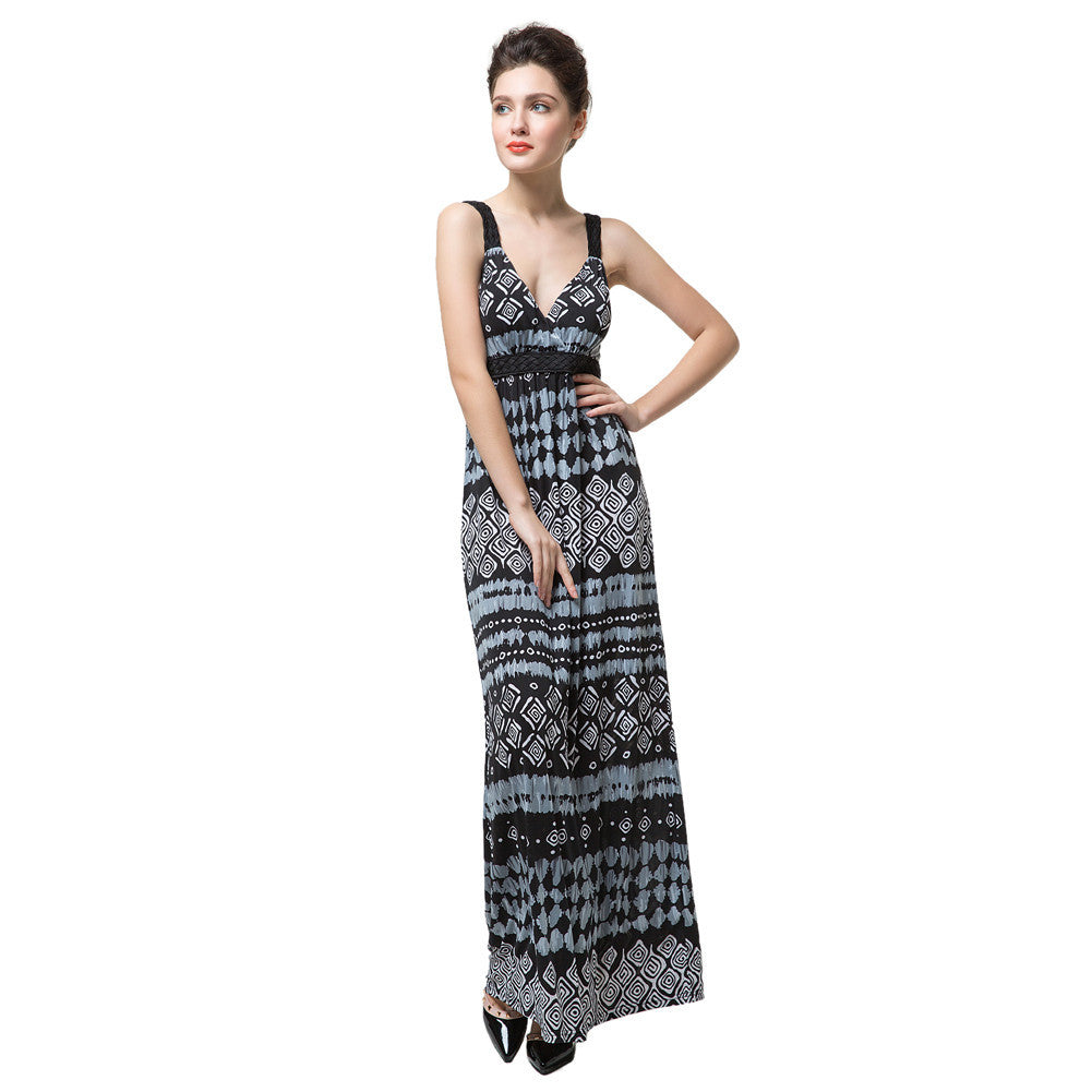 sexy women long maxi dress geometric print deep v neck boho dress backless elegant bohemian party beach dress black J4U66