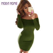 sexy women off shoulder bodycon dress slash neck long sleeve pencil bandage dress solid ladies party mini dresses J4U66