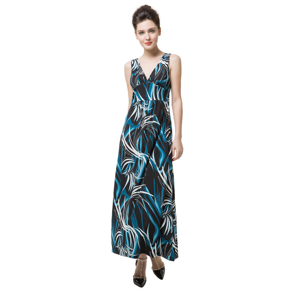 sexy women long dress print deep v neck backless elegant maxi dress bohemian party beach dress dark blue J4U66
