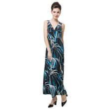 sexy women long dress print deep v neck backless elegant maxi dress bohemian party beach dress dark blue J4U66