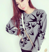 Women Casual Grey Crewneck Sweatshirts Long Sleeve 3D Swallow Pullover J4U66