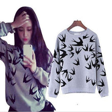 Women Casual Grey Crewneck Sweatshirts Long Sleeve 3D Swallow Pullover J4U66