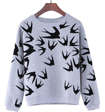 Women Casual Grey Crewneck Sweatshirts Long Sleeve 3D Swallow Pullover J4U66