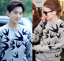 Women Casual Grey Crewneck Sweatshirts Long Sleeve 3D Swallow Pullover J4U66