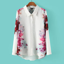 Chiffon Shirt Women Floral Long Sleeve Vintage Blouse Turn Down Collar Flower Print Shirt Ladies Blouses Womens Tops J4U66