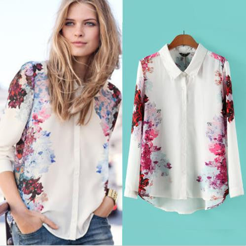 Chiffon Shirt Women Floral Long Sleeve Vintage Blouse Turn Down Collar Flower Print Shirt Ladies Blouses Womens Tops J4U66