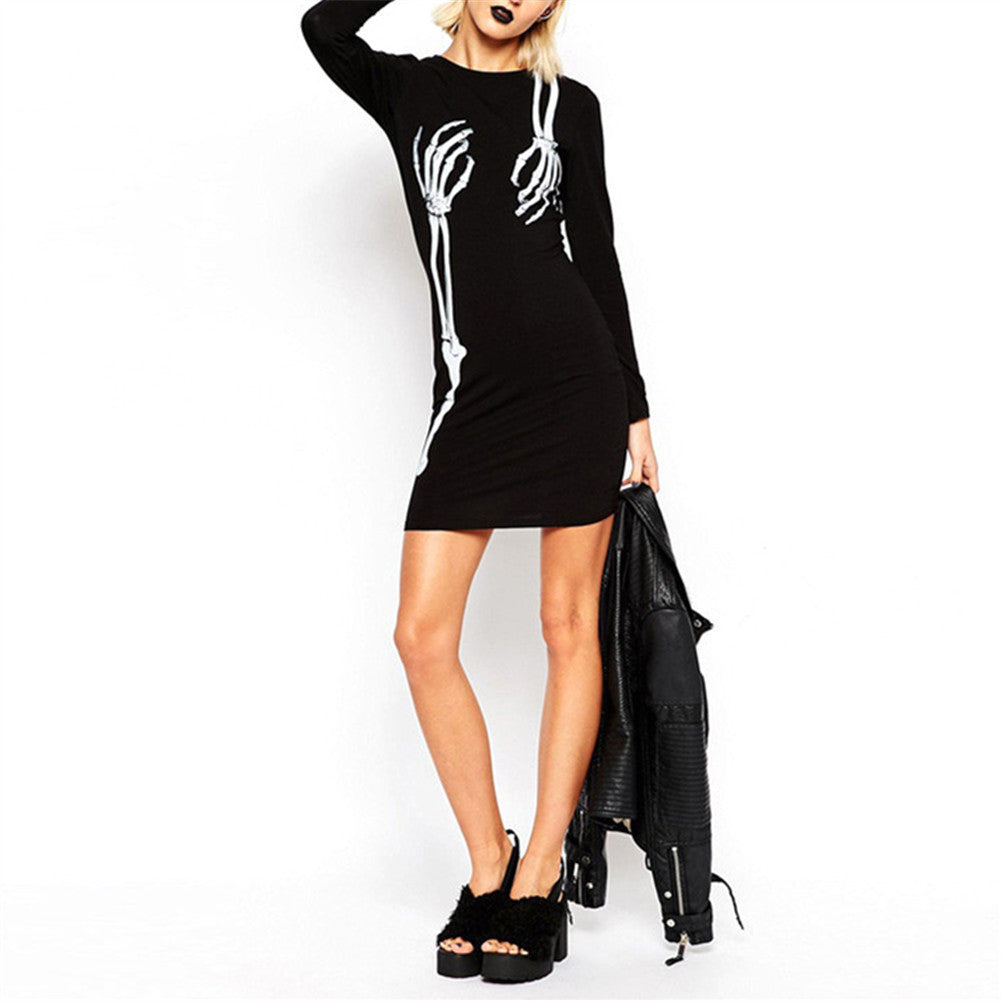 Street Women Skeleton Skull Printed Dresses O- Neck Long Sleeve Punk Bodycon Dress J4U66