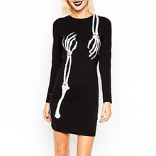 Street Women Skeleton Skull Printed Dresses O- Neck Long Sleeve Punk Bodycon Dress J4U66