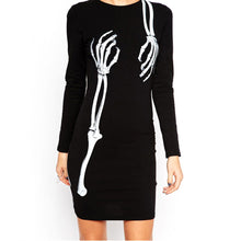 Street Women Skeleton Skull Printed Dresses O- Neck Long Sleeve Punk Bodycon Dress J4U66