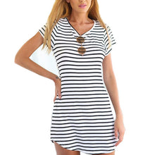 Striped Casual Short Dress Short Sleeve Slim Cotton Party Mini Beach Dresses J4U66