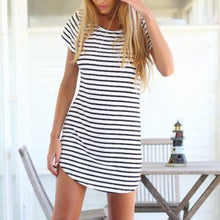 Striped Casual Short Dress Short Sleeve Slim Cotton Party Mini Beach Dresses J4U66