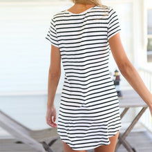 Striped Casual Short Dress Short Sleeve Slim Cotton Party Mini Beach Dresses J4U66