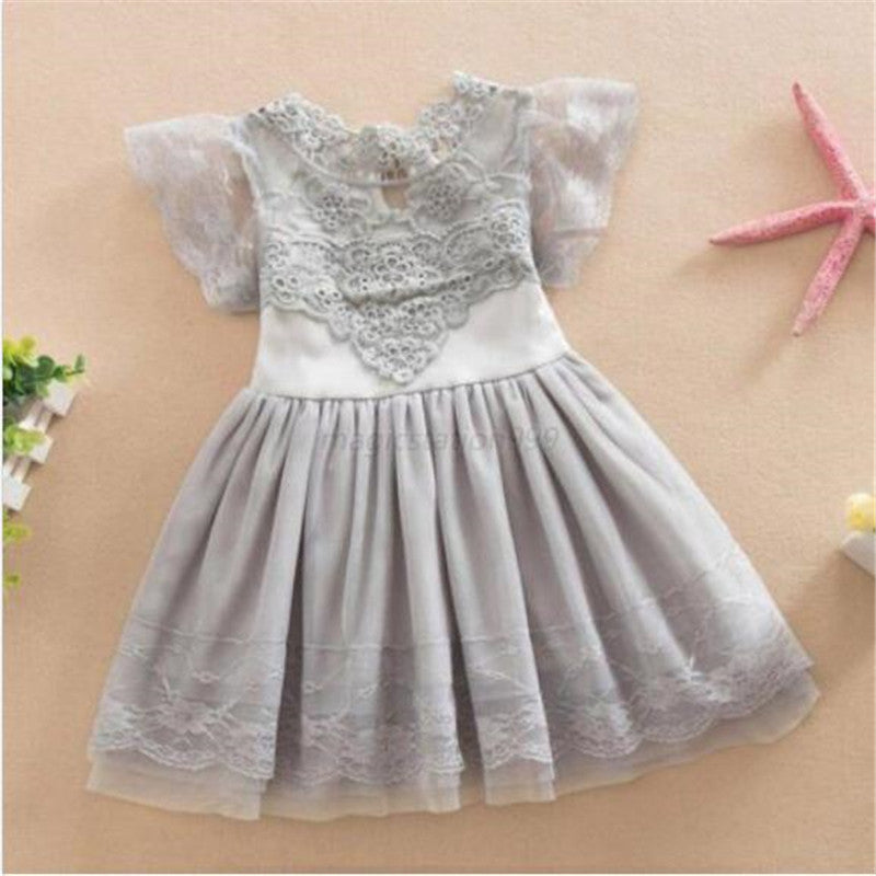New Baby Cute Kids Clothes Pink/White Flower Girl Dresses Short Sleeve Princess Lace Dress 2-7Y J4U66