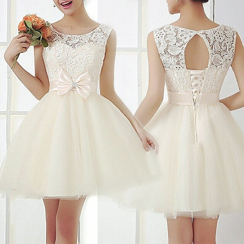 Elegant Women Casual Short Sleeve Slim Lace Mini Dress Tops Ladies Sexy White Color Party Dress Plus Size J4U66