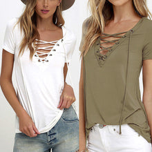 European T ShirtWomen Sexy V Neck Hollow Out Top Casual Basic T-shirt Plus Size J4U66