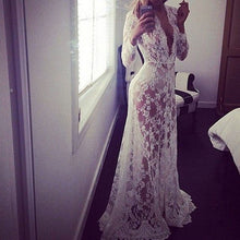 European Style Womens Sexy Lace Embroidery Maxi Solid White Dress Long Sleeve Deep V Neck Vestidos Plus Size M-XL J4U66
