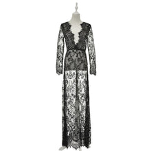 European Style Womens Sexy Lace Embroidery Maxi Solid White Dress Long Sleeve Deep V Neck Vestidos Plus Size M-XL J4U66