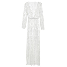 European Style Womens Sexy Lace Embroidery Maxi Solid White Dress Long Sleeve Deep V Neck Vestidos Plus Size M-XL J4U66