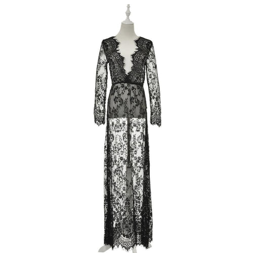 European Style Womens Sexy Lace Embroidery Maxi Solid White Dress Long Sleeve Deep V Neck Vestidos Plus Size M-XL J4U66
