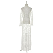 European Style Womens Sexy Lace Embroidery Maxi Solid White Dress Long Sleeve Deep V Neck Vestidos Plus Size M-XL J4U66