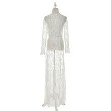 European Style Womens Sexy Lace Embroidery Maxi Solid White Dress Long Sleeve Deep V Neck Vestidos Plus Size M-XL J4U66