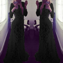 European Style Womens Sexy Lace Embroidery Maxi Solid White Dress Long Sleeve Deep V Neck Vestidos Plus Size M-XL J4U66