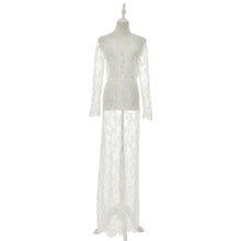 European Style Womens Sexy Lace Embroidery Maxi Solid White Dress Long Sleeve Deep V Neck Vestidos Plus Size M-XL J4U66