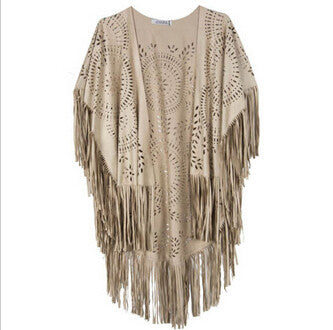 Coat Shawl Beige Cream Floral Cut Out Asymmetric Fringe Tasseled Kimono Cover J4U66