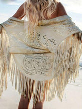 Coat Shawl Beige Cream Floral Cut Out Asymmetric Fringe Tasseled Kimono Cover J4U66