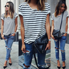 Style O Neck Sexy Womens Tops Striped Short Sleeve shirt Feminino camisetas T-shirts for women J4U66