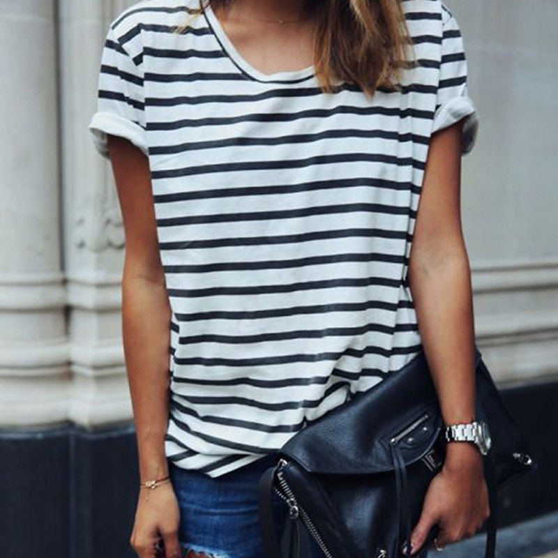 Style O Neck Sexy Womens Tops Striped Short Sleeve shirt Feminino camisetas T-shirts for women J4U66