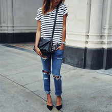 Style O Neck Sexy Womens Tops Striped Short Sleeve shirt Feminino camisetas T-shirts for women J4U66