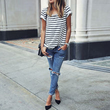 Style O Neck Sexy Womens Tops Striped Short Sleeve shirt Feminino camisetas T-shirts for women J4U66