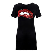 Style Short Sleeve Sequins Lip Casual T-Shirt Shape Black/White Dress Plus Size Clothing J4U66