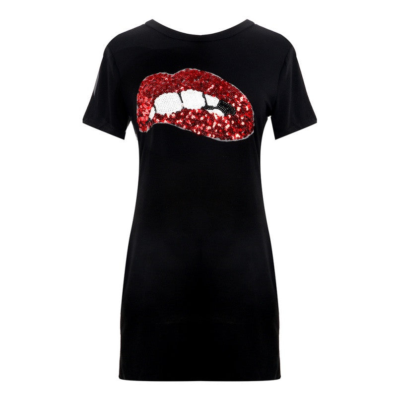 Style Short Sleeve Sequins Lip Casual T-Shirt Shape Black/White Dress Plus Size Clothing J4U66