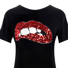 Style Short Sleeve Sequins Lip Casual T-Shirt Shape Black/White Dress Plus Size Clothing J4U66