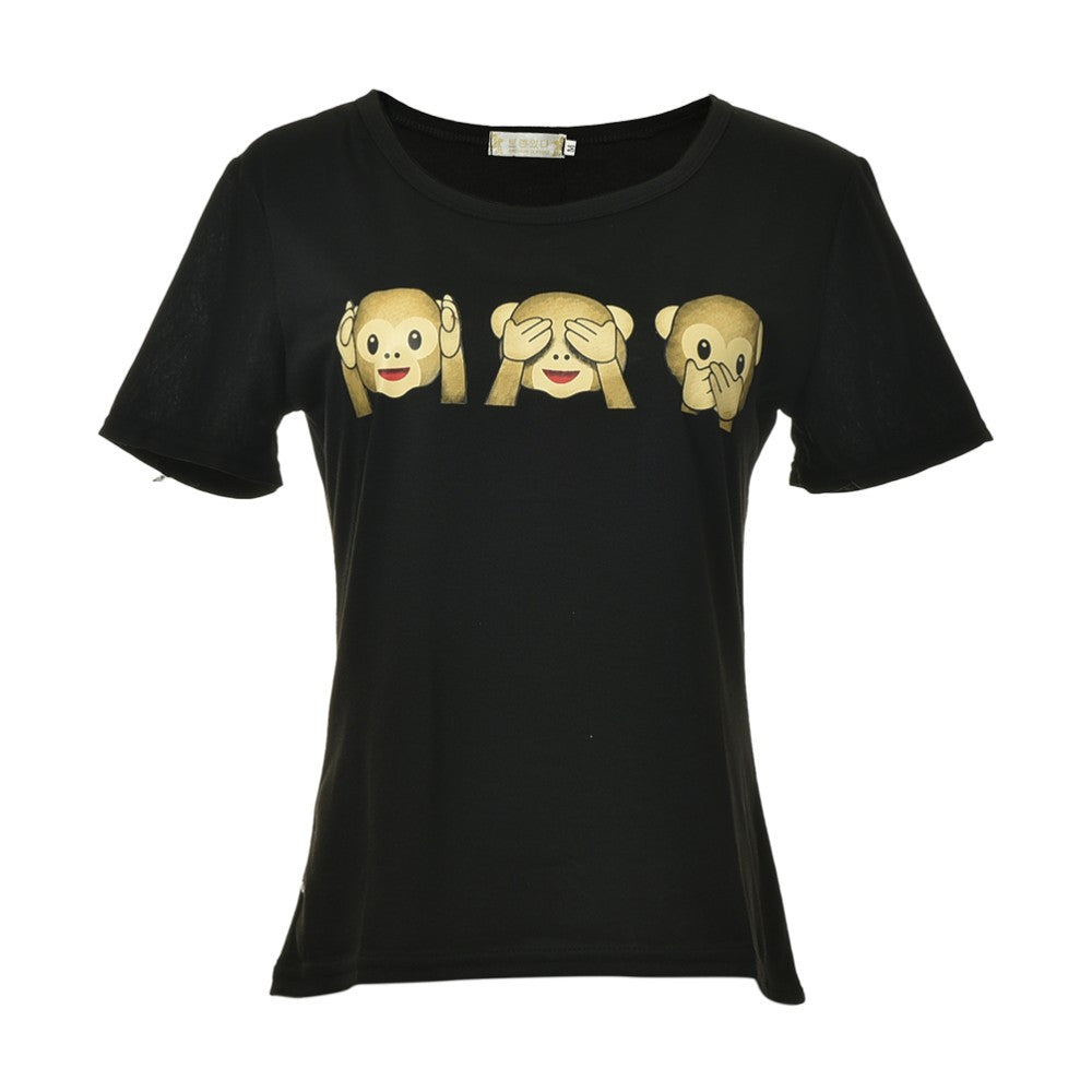 Style Three Monkey Cartoon Tops Black Women O-neck Kawaii T shirts Punk Harajuku Short Sleeve Casual T-shirt J4U66