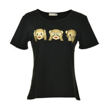 Style Three Monkey Cartoon Tops Black Women O-neck Kawaii T shirts Punk Harajuku Short Sleeve Casual T-shirt J4U66