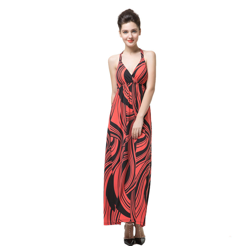 style women dress print halter deep v neck cross backless slim red sexy long maxi halter dress J4U66