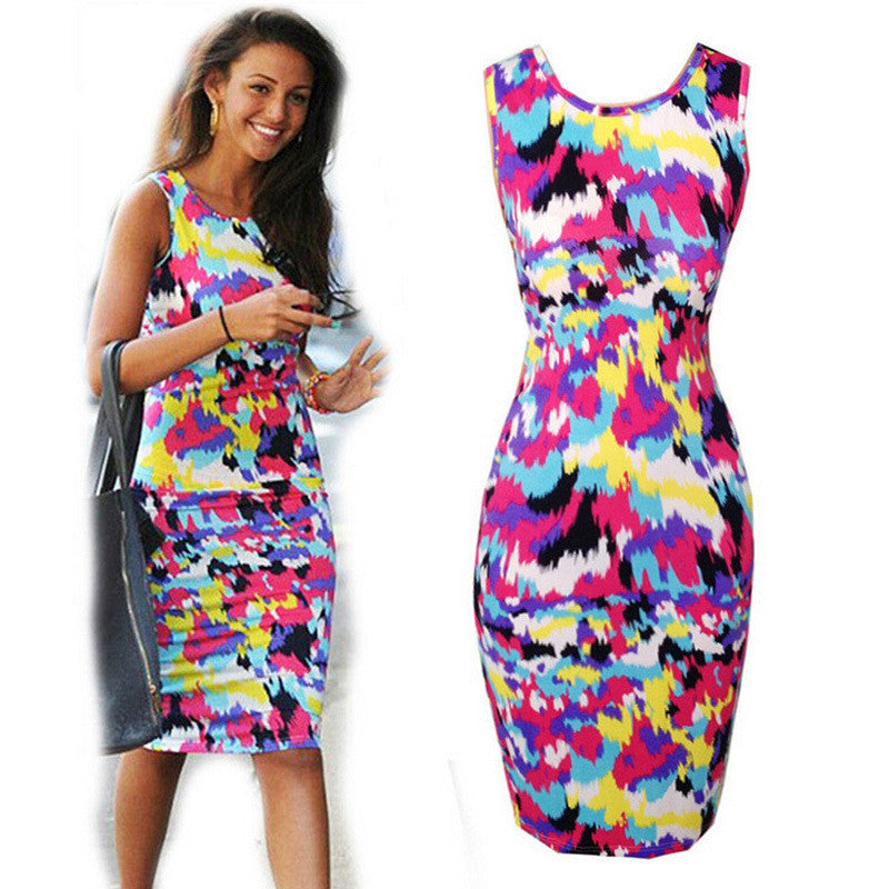 Women Dress Celeb Bodycon Dress Splash Floral Print Sleeveless Midi Dresses Ladies Casual Vestidos XXL J4U66