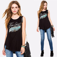 Women Feather Print Asymmetrical Hem Tank Tops Casual Loose Sleeveless Vest Personality Tops Tees J4U66