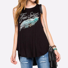 Women Feather Print Asymmetrical Hem Tank Tops Casual Loose Sleeveless Vest Personality Tops Tees J4U66