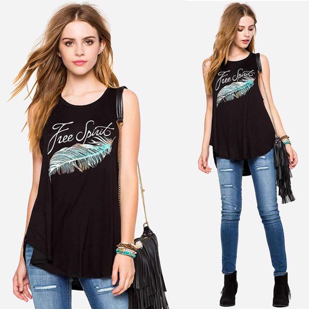 Women Feather Print Asymmetrical Hem Tank Tops Casual Loose Sleeveless Vest Personality Tops Tees J4U66
