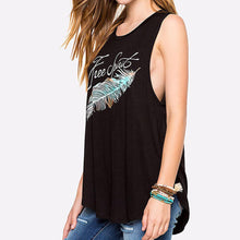 Women Feather Print Asymmetrical Hem Tank Tops Casual Loose Sleeveless Vest Personality Tops Tees J4U66