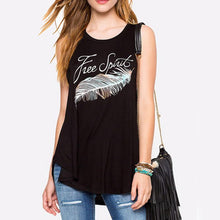 Women Feather Print Asymmetrical Hem Tank Tops Casual Loose Sleeveless Vest Personality Tops Tees J4U66